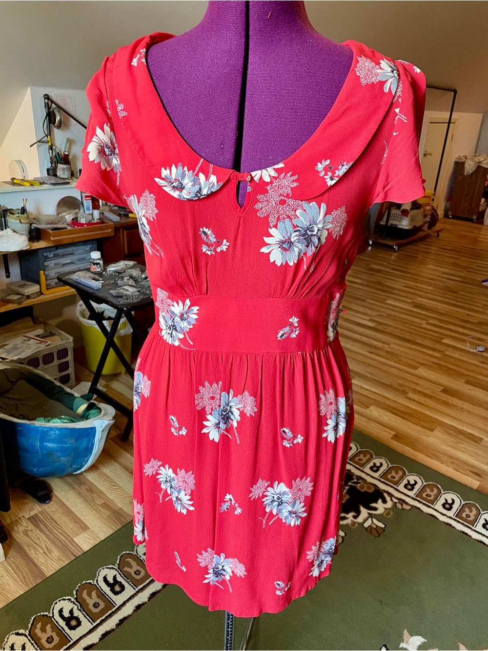 American Eagle Outfitters Red Floral Short-Sleeve Dress with Peter Pan Collar